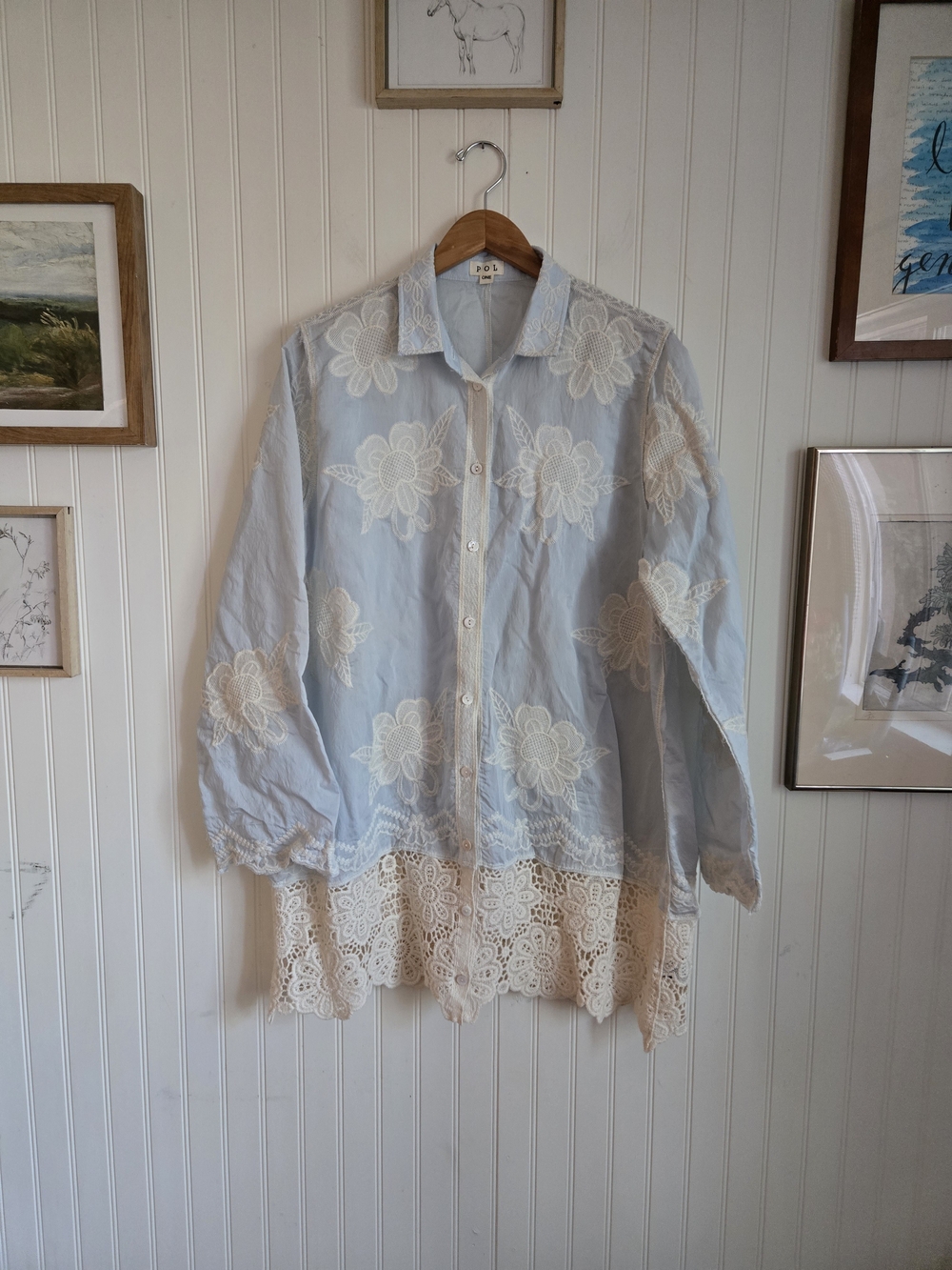POL Light Blue Floral And Lace Embroidered Collar Button-Up Tunic - Picture 2 of 13